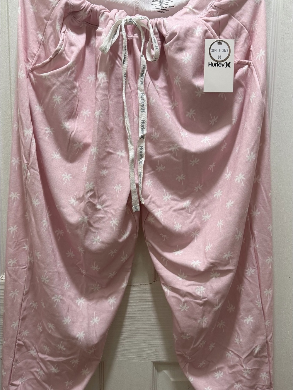 Hurley Pink Palm-Print Jogger Pants with White Drawstring